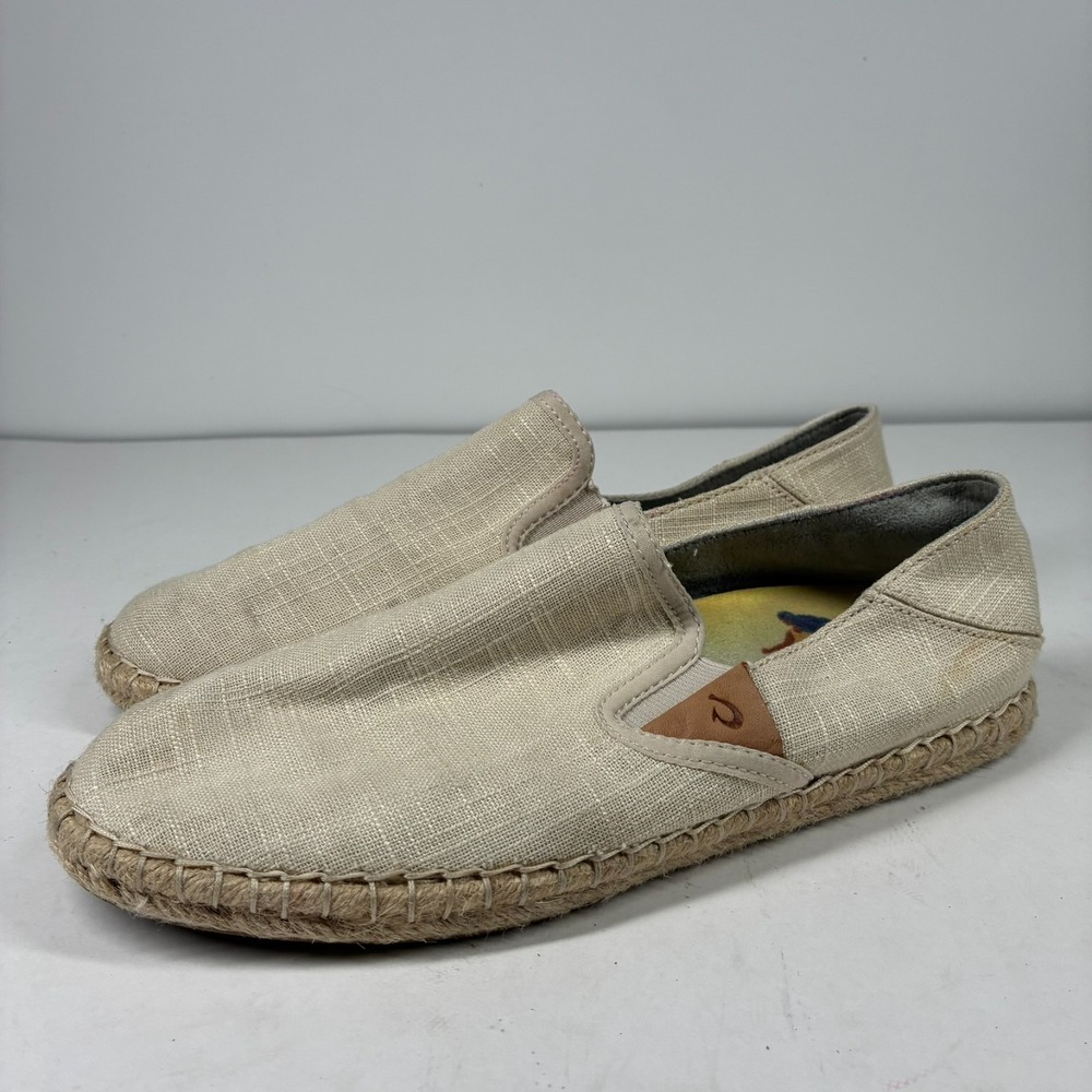 OluKai Kaula Paʻa Kapa Women's US 7.5 Tapa Tan Linen Canvas Espadrille Slip-On